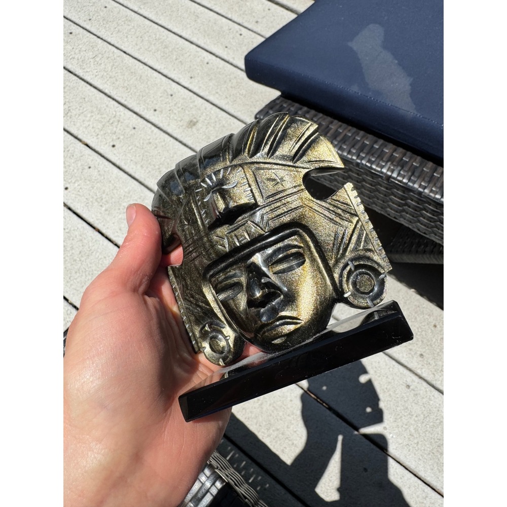 Gold black Obsidian Aztec Mayan Mask Sculpture Teotihuacan Hand Carved Figurine
